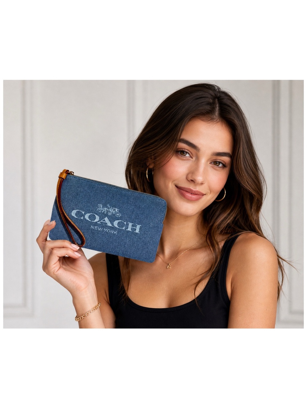Coach Denim and Leather Large Signature Corner Zip Wristlet. - Picture 9 of 14